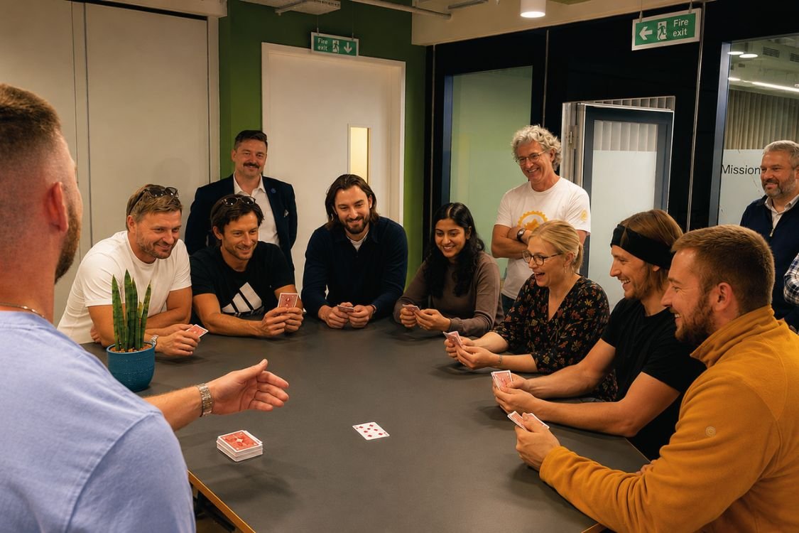 A corporate team being taught a magic trick during a team building session