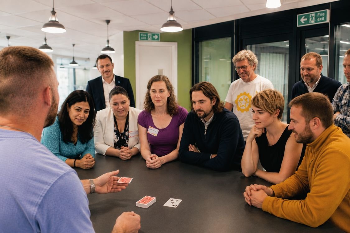 A team member performing a card trick to colleagues at an away day