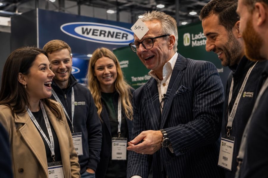 A trade show magician performing close-up magic for visitors on an exhibition stand