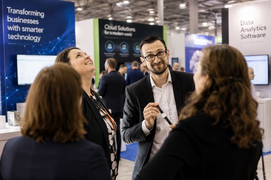Visitors gathered around a trade show magician performing close-up magic at a busy stand