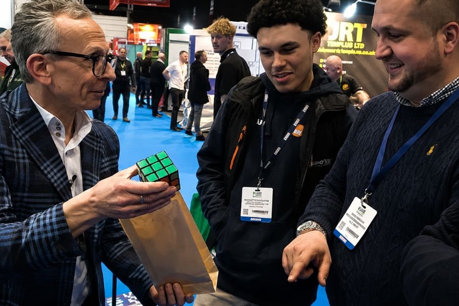 A group of trade show visitors gathered around a magician mid-performance